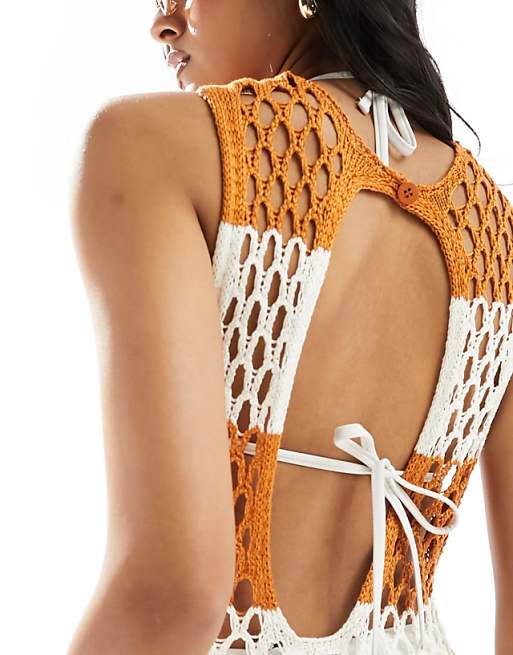 ASOS DESIGN Open Knit Sleeveless Beach Maxi Dress In Rust & Ivory Stripe