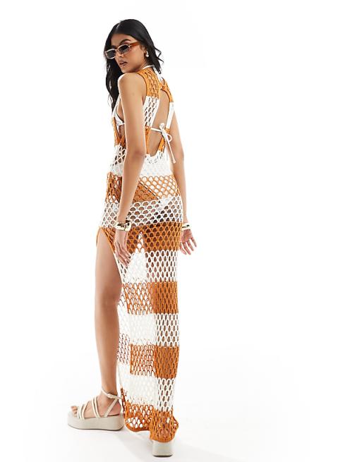 ASOS DESIGN Open Knit Sleeveless Beach Maxi Dress In Rust & Ivory Stripe
