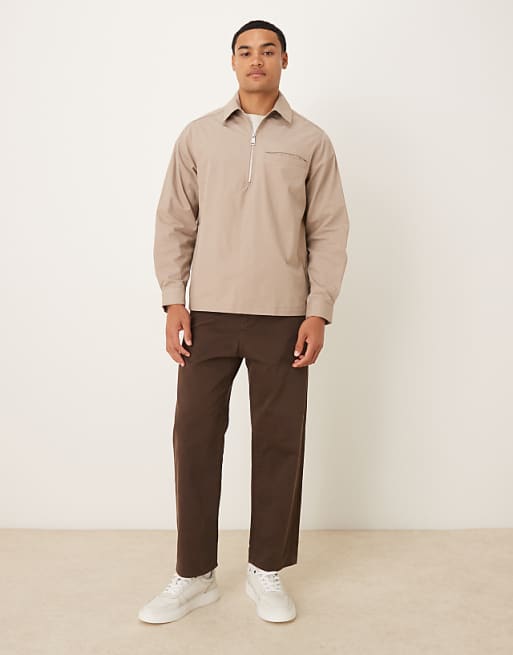 ASOS DESIGN Overhead Poplin Zip Shirt In Stone