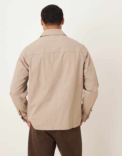 ASOS DESIGN Overhead Poplin Zip Shirt In Stone