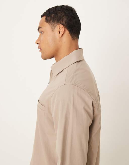 ASOS DESIGN Overhead Poplin Zip Shirt In Stone