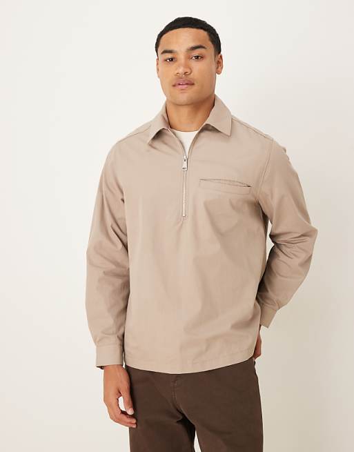 ASOS DESIGN overhead poplin zip shirt in stone ASOS DESIGN overhead poplin zip shirt in stone