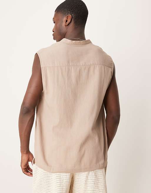 ASOS DESIGN Overhead Shirt With Grandad Collar In Stone