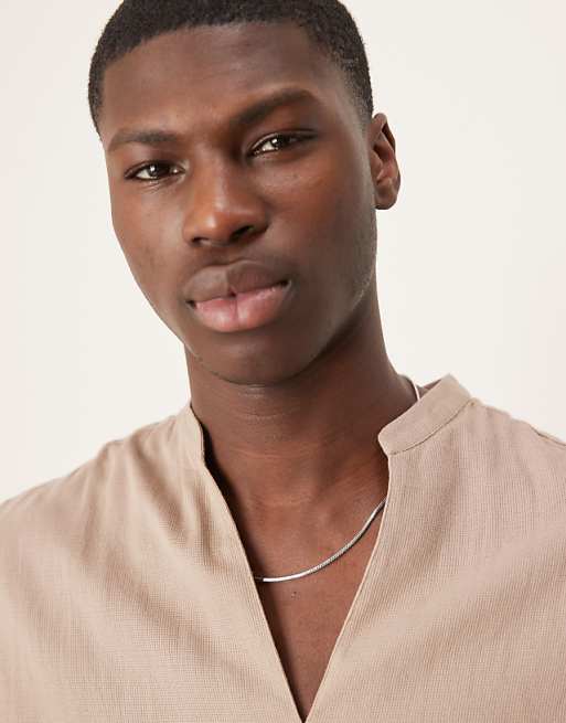 ASOS DESIGN Overhead Shirt With Grandad Collar In Stone