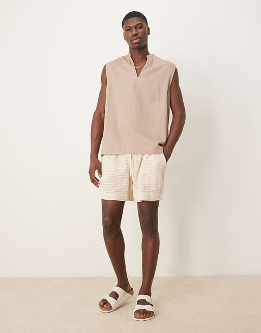 ASOS DESIGN Overhead Shirt With Grandad Collar In Stone