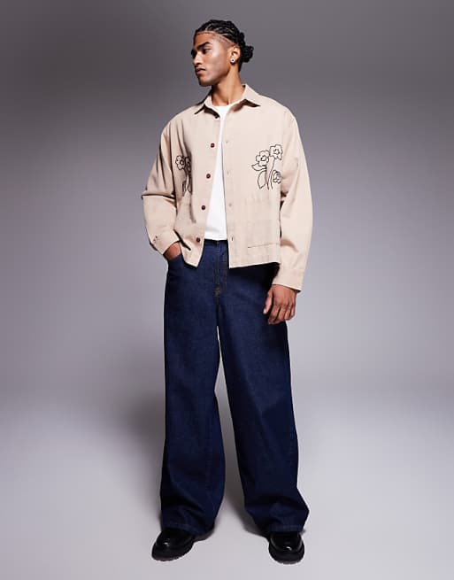 ASOS DESIGN Overshirt With Placement Embroidery With Double Pockets In Stone