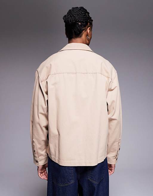 ASOS DESIGN Overshirt With Placement Embroidery With Double Pockets In Stone