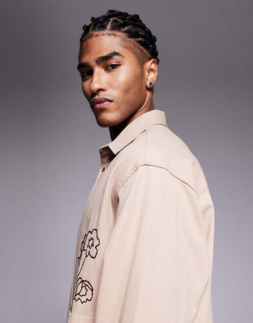 ASOS DESIGN Overshirt With Placement Embroidery With Double Pockets In Stone