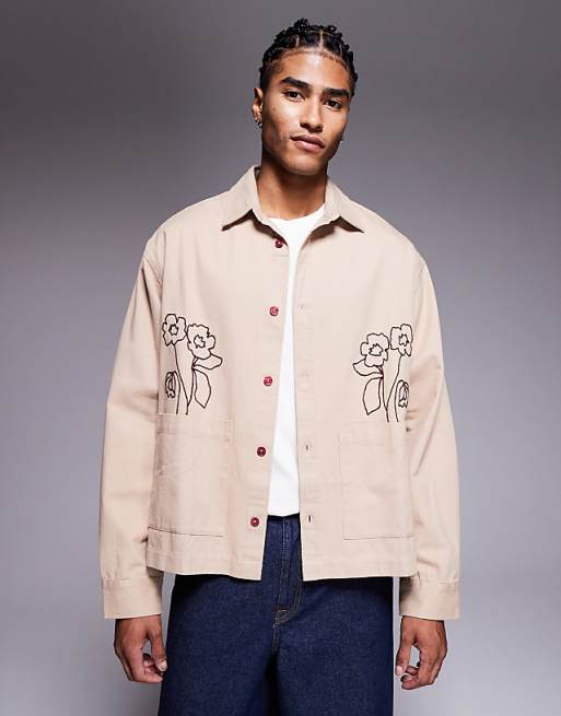 ASOS DESIGN overshirt with placement embroidery with double pockets in stone