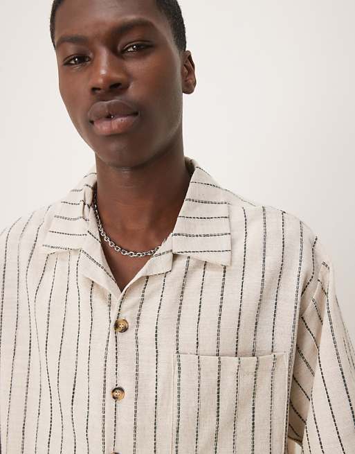 ASOS DESIGN Oversize Boxy Shirt With Ecru And Dark Green Stripe