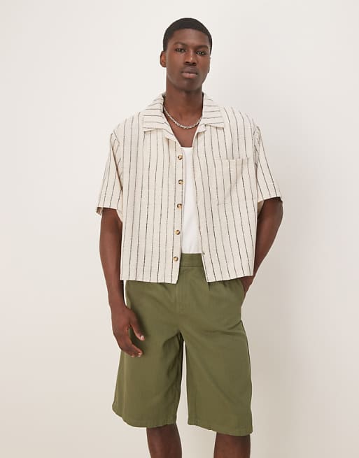 ASOS DESIGN oversize boxy shirt with ecru and dark green stripe