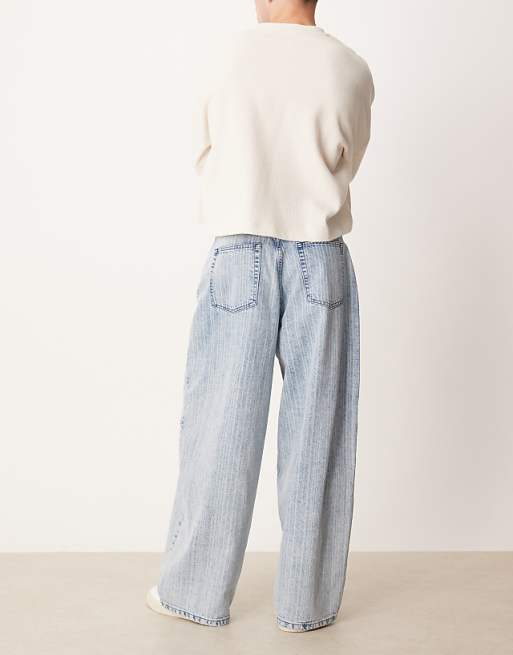 ASOS DESIGN Oversized Baggy Jeans In Mid Wash Blue With Stripe Print