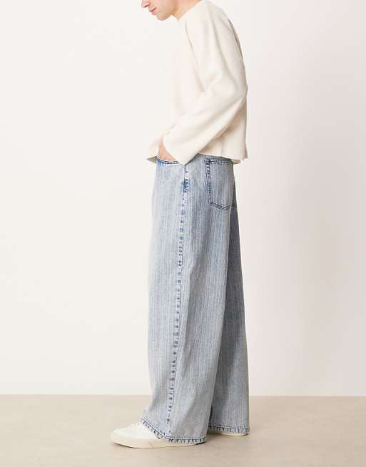 ASOS DESIGN Oversized Baggy Jeans In Mid Wash Blue With Stripe Print