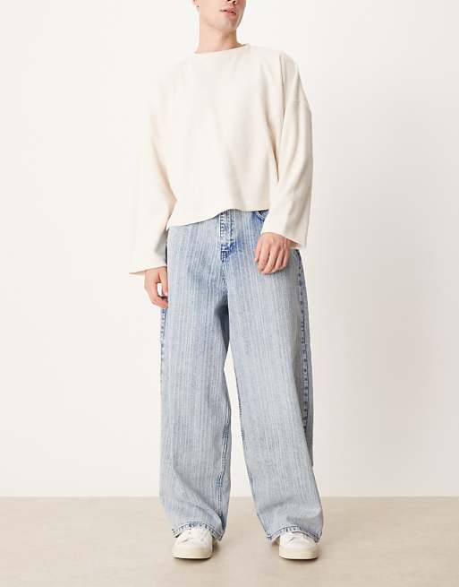 ASOS DESIGN oversized baggy jeans in mid wash blue with stripe print