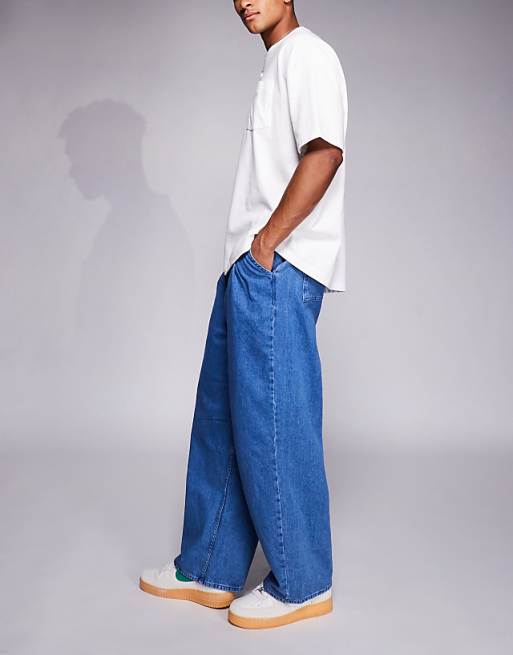 ASOS DESIGN Oversized Baggy Jeans With Side Belts In Mid Wash Blue