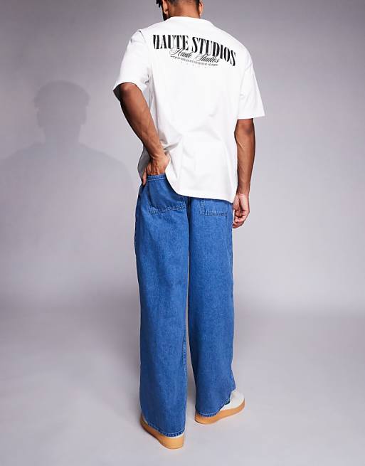 ASOS DESIGN Oversized Baggy Jeans With Side Belts In Mid Wash Blue