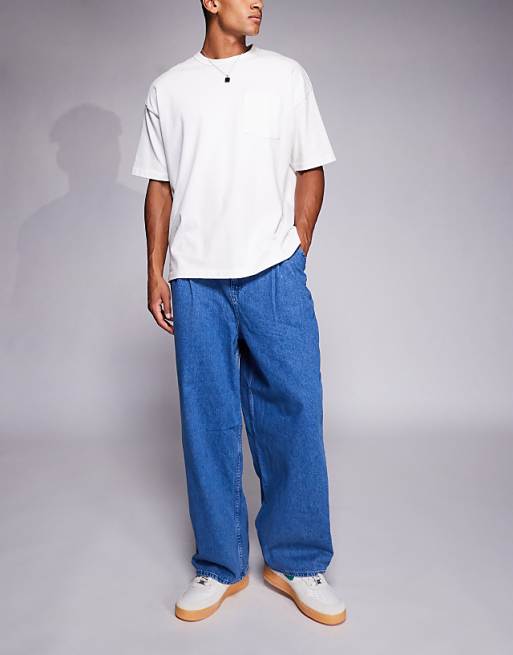ASOS DESIGN oversized baggy jeans with side belts in mid wash blue