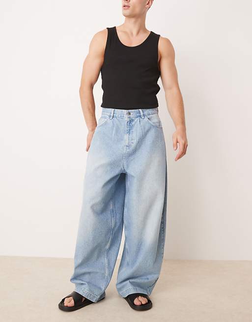 ASOS DESIGN oversized baggy pleated jeans in light wash blue