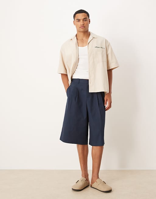 ASOS DESIGN oversized bermuda linen look shorts in navy