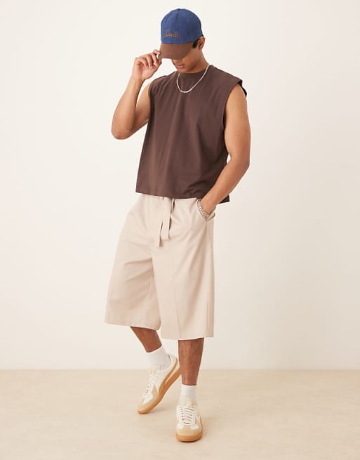 ASOS DESIGN oversized bermuda short with belt in beige
