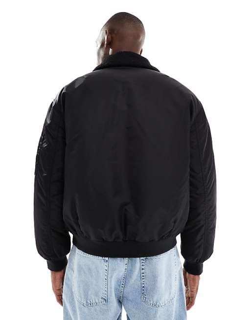 ASOS DESIGN Oversized Bomber Jacket With Borg Collar In Black