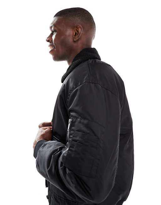 ASOS DESIGN Oversized Bomber Jacket With Borg Collar In Black