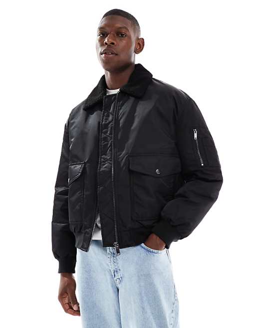 ASOS DESIGN oversized bomber jacket with borg collar in black