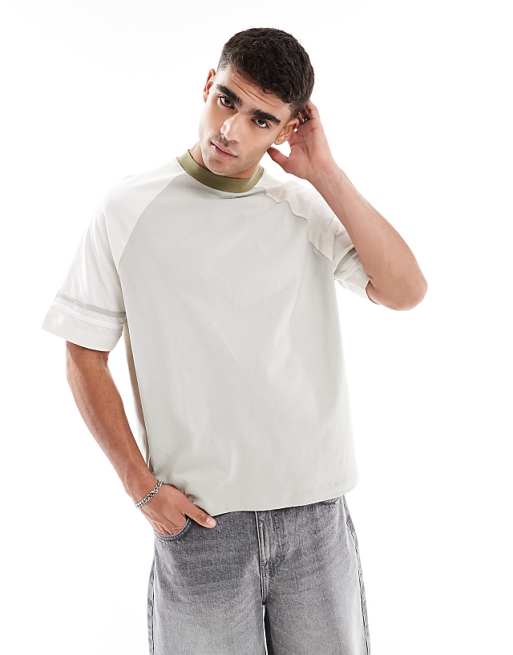 ASOS DESIGN oversized boxy contrast raglan t-shirt with tape detail in grey