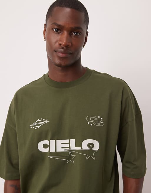 ASOS DESIGN Oversized Boxy Dropped Shoulder T-shirt With Print Detail In Khaki