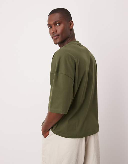 ASOS DESIGN Oversized Boxy Dropped Shoulder T-shirt With Print Detail In Khaki