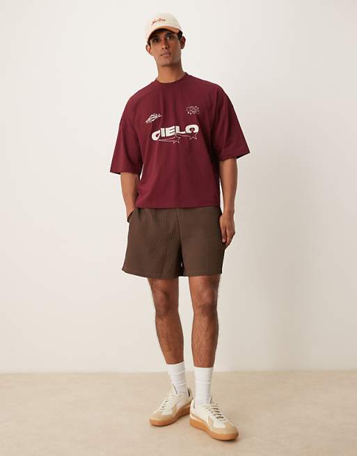 ASOS DESIGN Oversized Boxy Dropped Shoulder T-shirt With Print Detail In Burgundy