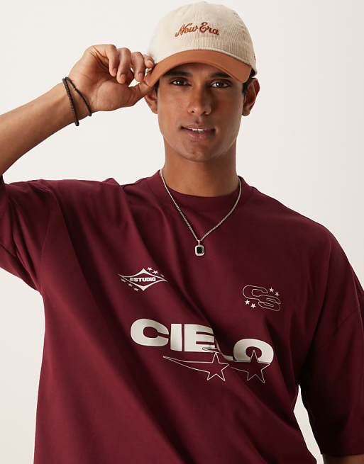 ASOS DESIGN Oversized Boxy Dropped Shoulder T-shirt With Print Detail In Burgundy