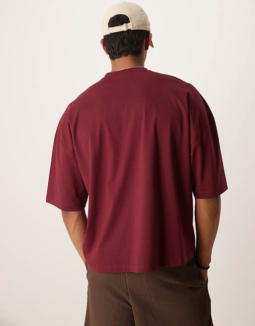 ASOS DESIGN Oversized Boxy Dropped Shoulder T-shirt With Print Detail In Burgundy