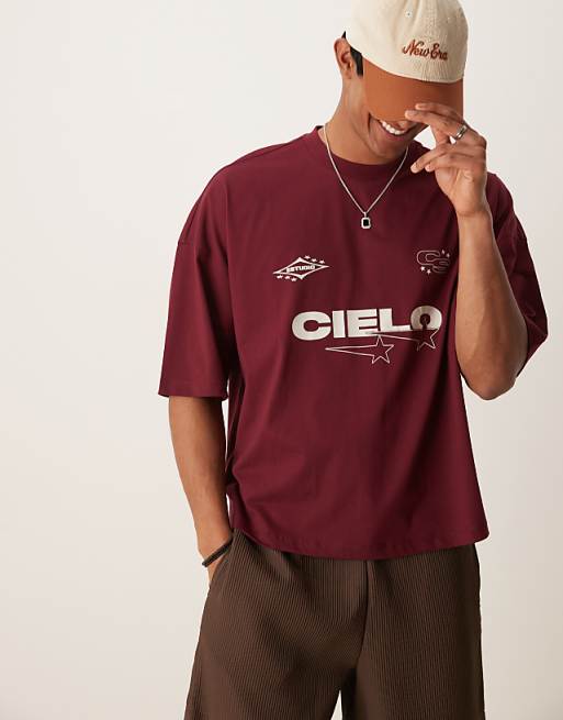 ASOS DESIGN oversized boxy dropped shoulder t-shirt with print detail in burgundy