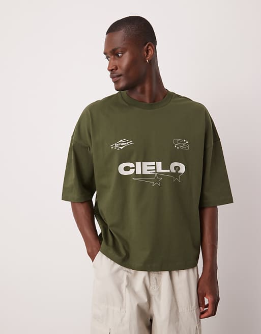 ASOS DESIGN oversized boxy dropped shoulder t-shirt with print detail in khaki