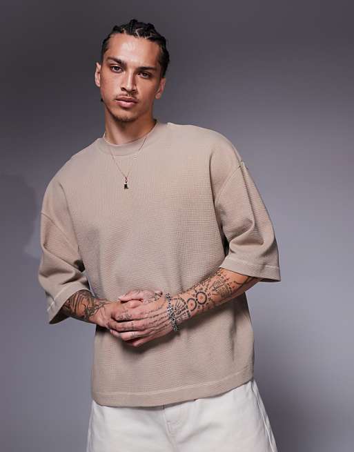 ASOS DESIGN oversized boxy half sleeve t-shirt in brown waffle