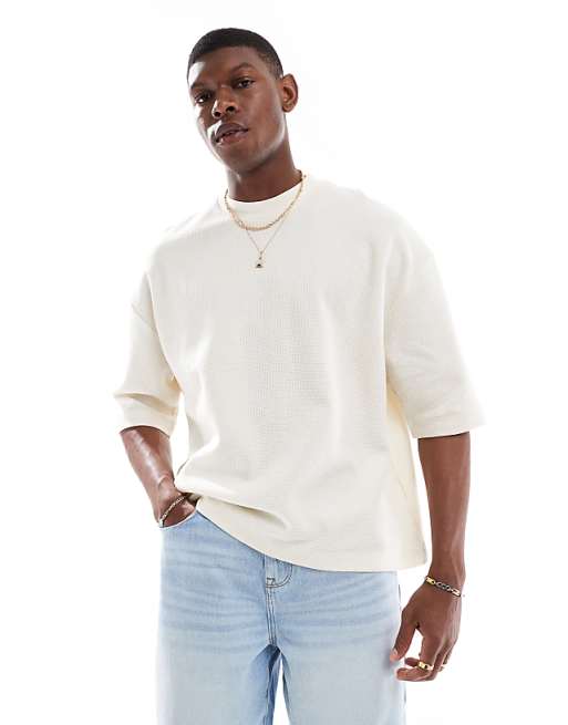 ASOS DESIGN oversized boxy half sleeve t-shirt in beige waffle
