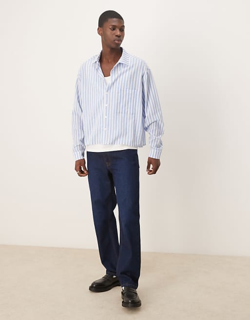 ASOS DESIGN Oversized Boxy Linen Look Shirt In Blue Stripe