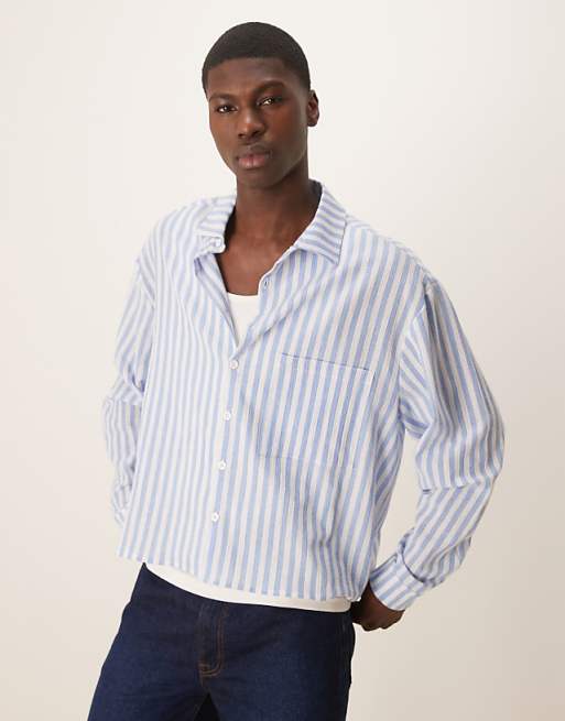 ASOS DESIGN oversized boxy linen look shirt in blue stripe