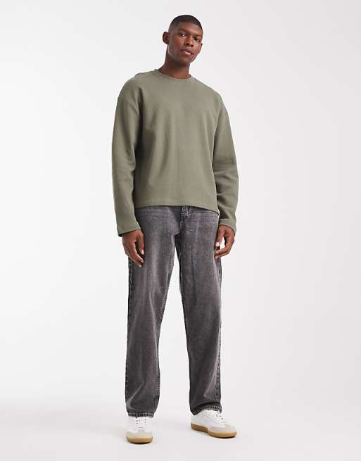 ASOS DESIGN Oversized Boxy Long Sleeve T-shirt In Khaki Waffle