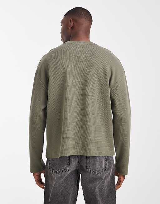 ASOS DESIGN Oversized Boxy Long Sleeve T-shirt In Khaki Waffle