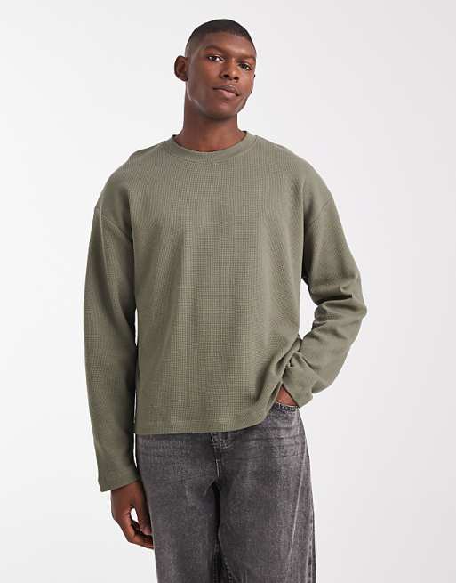 ASOS DESIGN oversized boxy long sleeve t-shirt in khaki waffle