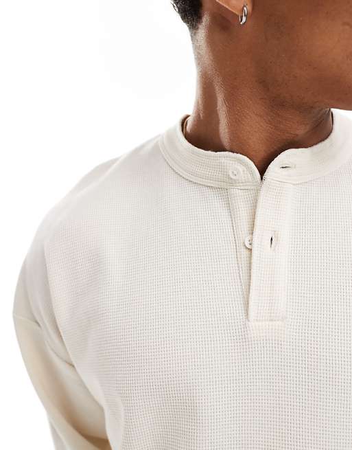 ASOS DESIGN Oversized Boxy Long Sleeve T-shirt With Henley Neck In Cream Waffle