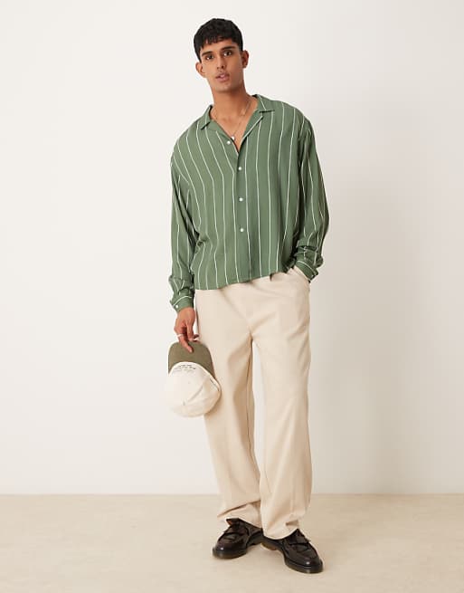 ASOS DESIGN Oversized Boxy Revere Shirt In Green Stripe