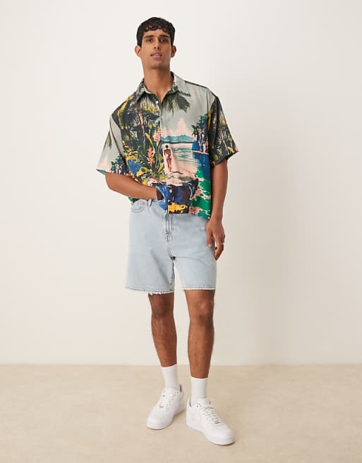 ASOS DESIGN Oversized Boxy Shirt With Beach Print In Multi