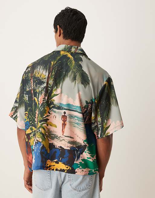 ASOS DESIGN Oversized Boxy Shirt With Beach Print In Multi