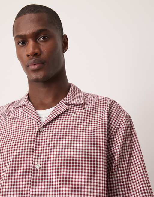 ASOS DESIGN Oversized Boxy Shirt With Half Sleeve In Burgundy Mini Check