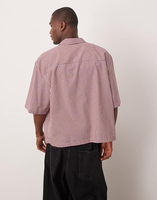ASOS DESIGN Oversized Boxy Shirt With Half Sleeve In Burgundy Mini Check