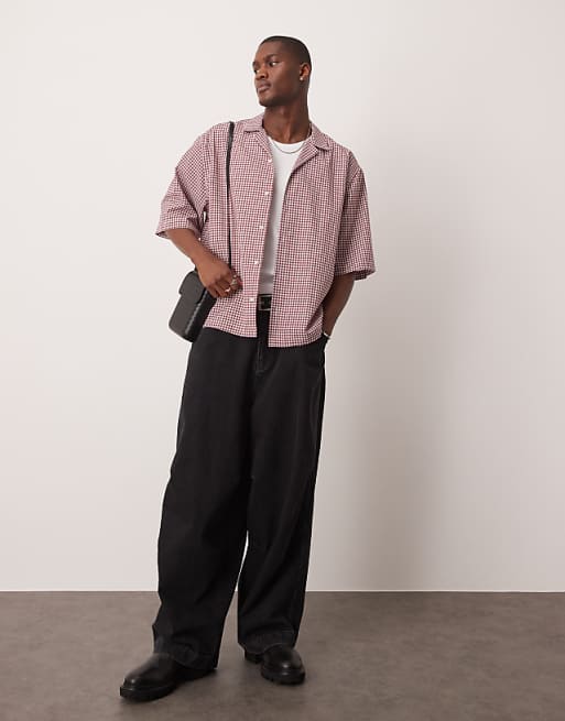 ASOS DESIGN Oversized Boxy Shirt With Half Sleeve In Burgundy Mini Check