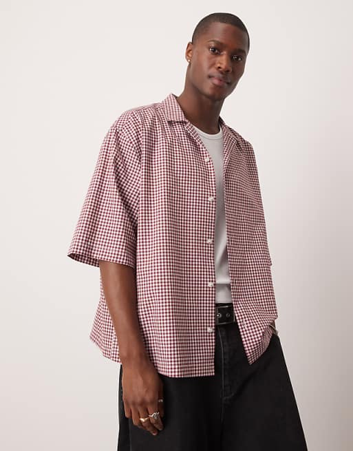 ASOS DESIGN oversized boxy shirt with half sleeve in burgundy mini check